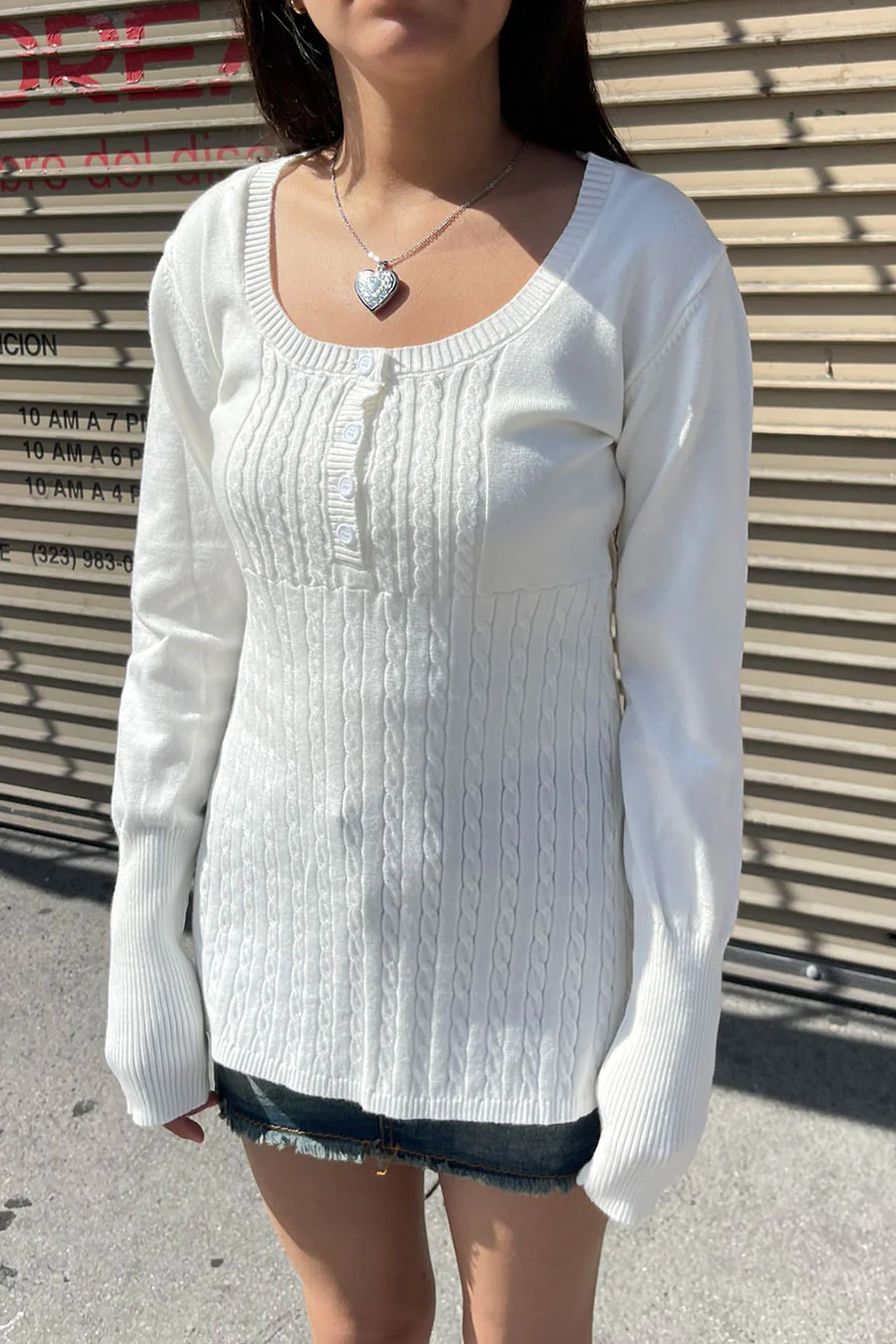 2000s Baby Doll Cable Knit Sweater with Henley Neck Buttons