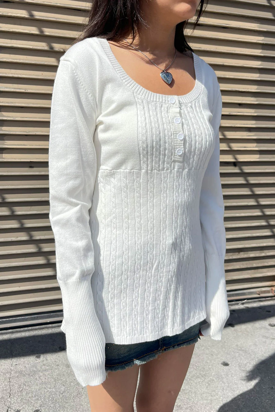 2000s Baby Doll Cable Knit Sweater with Henley Neck Buttons - Image 2