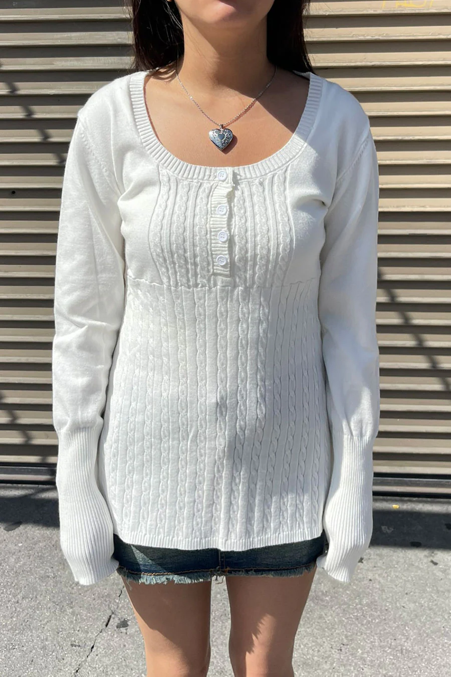 2000s Baby Doll Cable Knit Sweater with Henley Neck Buttons - Image 3