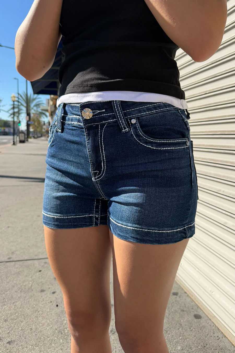 2000s Bedazzled Rhinestone Cross Dark Indigo Denim Shorts - Image 3