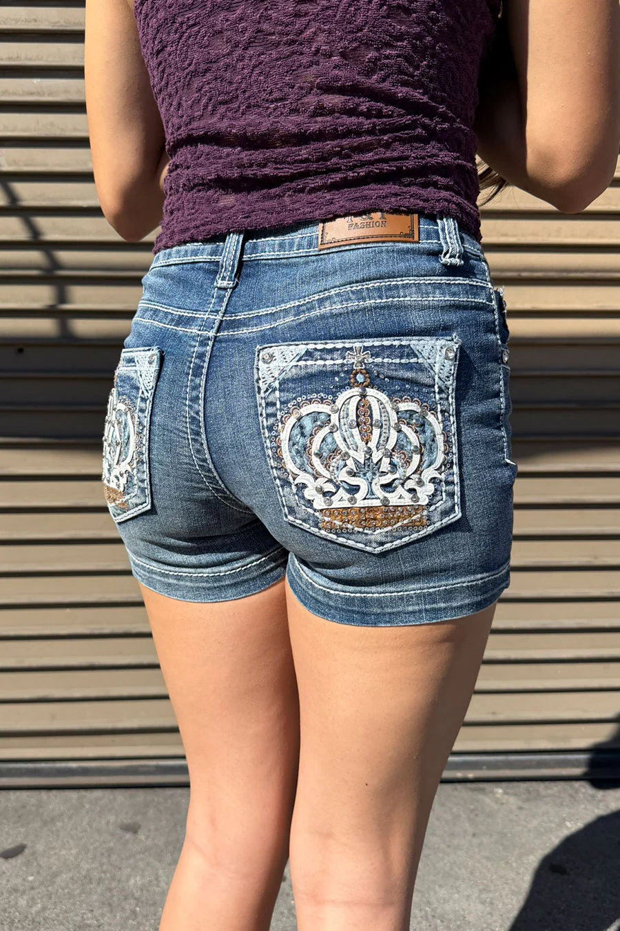 2000s Bedazzled Rhinestone Crown Denim Shorts
