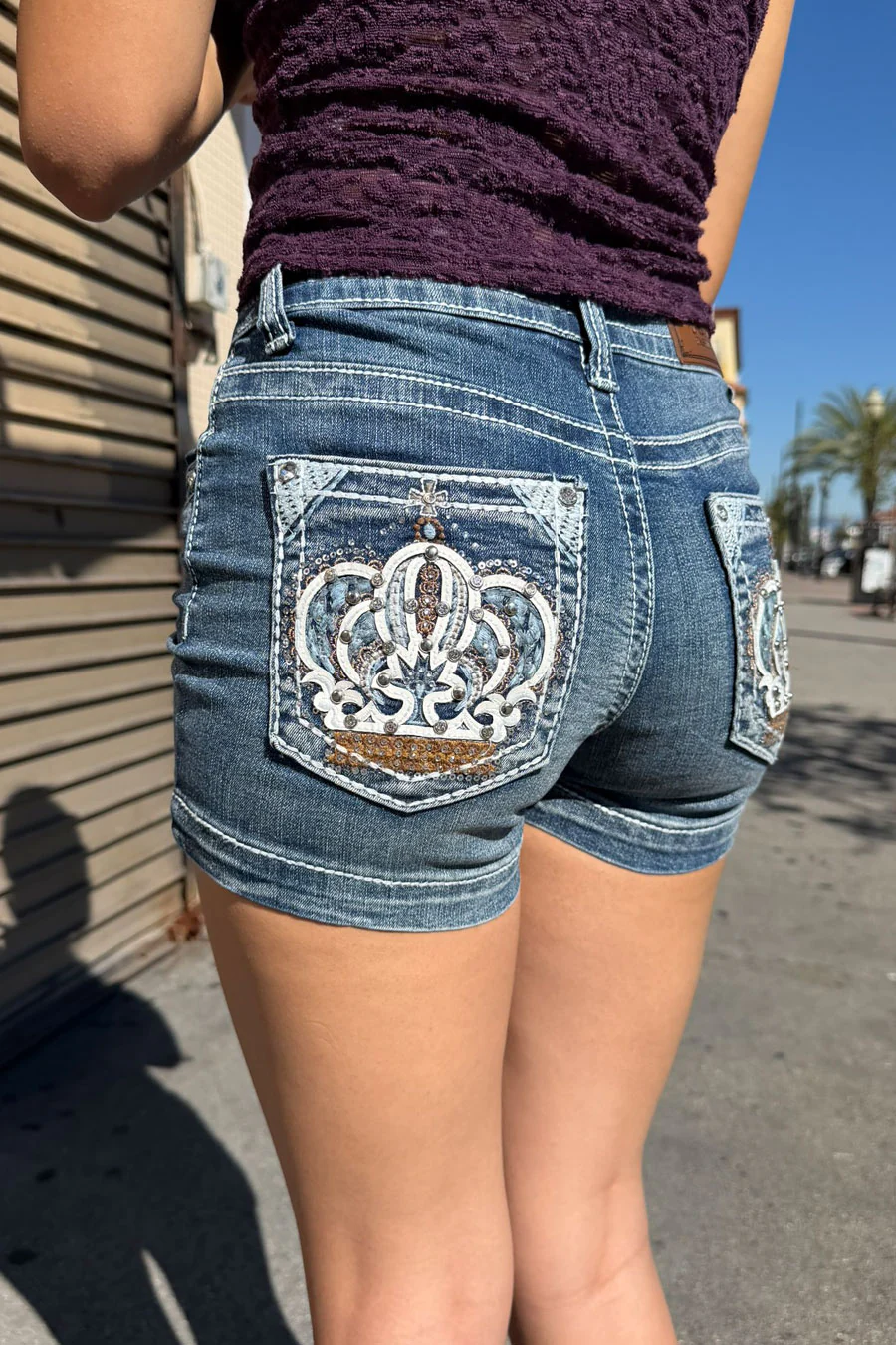 2000s Bedazzled Rhinestone Crown Denim Shorts - Image 6