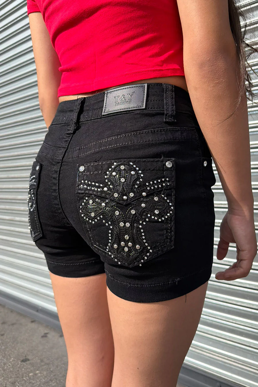 2000s Bedazzled Rhinestone Faux Pocket Gothic Cross Black Denim Shorts