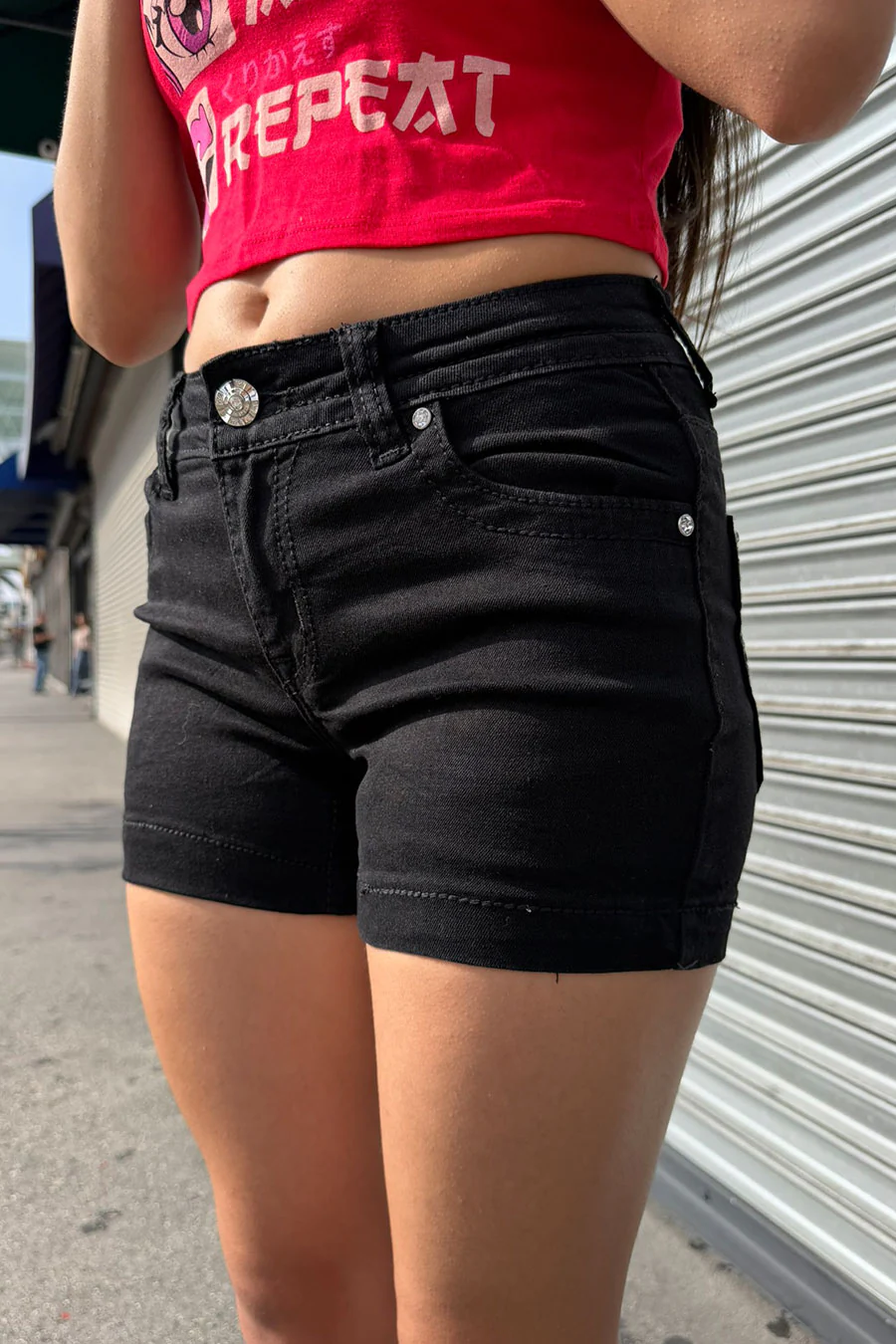 2000s Bedazzled Rhinestone Faux Pocket Gothic Cross Black Denim Shorts - Image 2