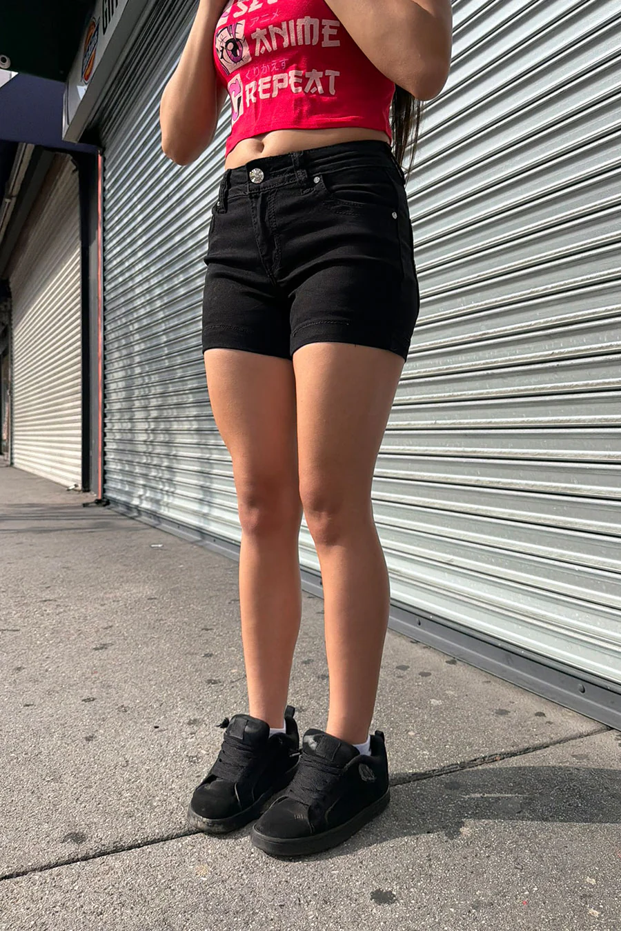 2000s Bedazzled Rhinestone Faux Pocket Gothic Cross Black Denim Shorts - Image 3