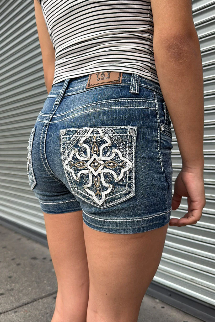 2000s Bedazzled Rhinestone Western Cross Patch Denim Shorts