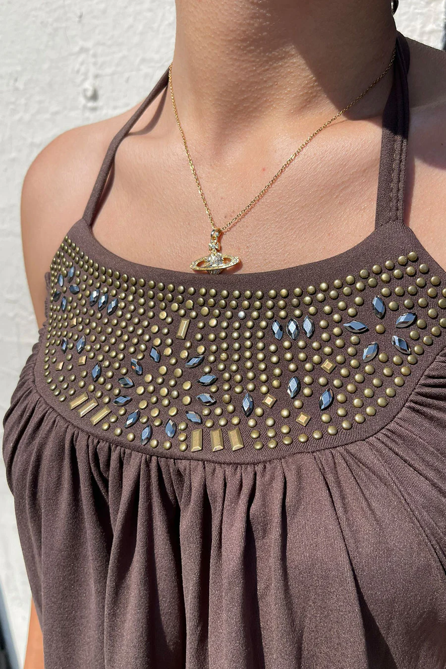 2000s Brass Studded Halter Tie Flowy Sleeveless Top - Image 2