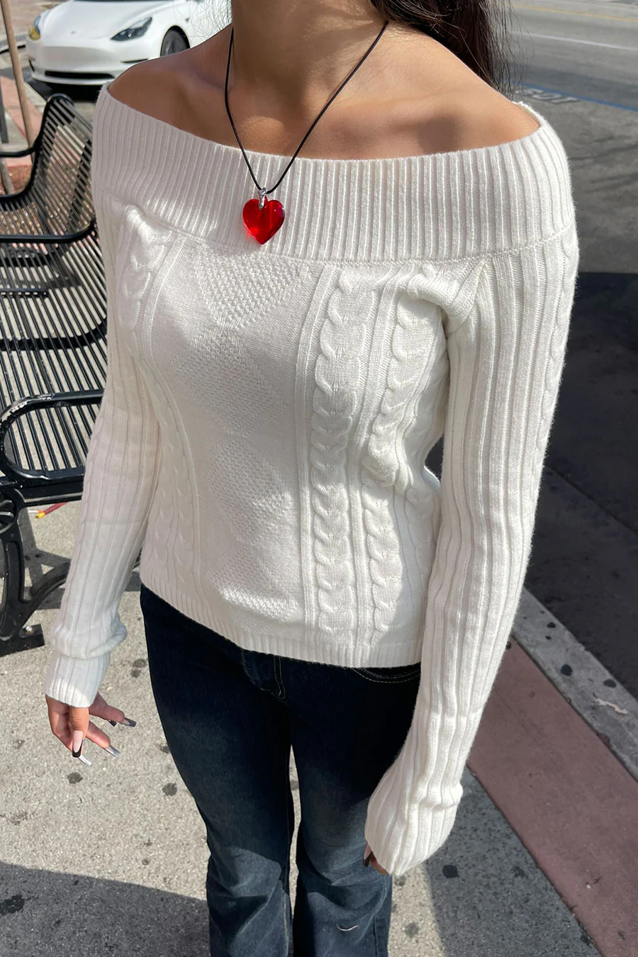 2000s Downtown Girl Cable Knit Off-The-Shoulder Sweater Top - Image 4