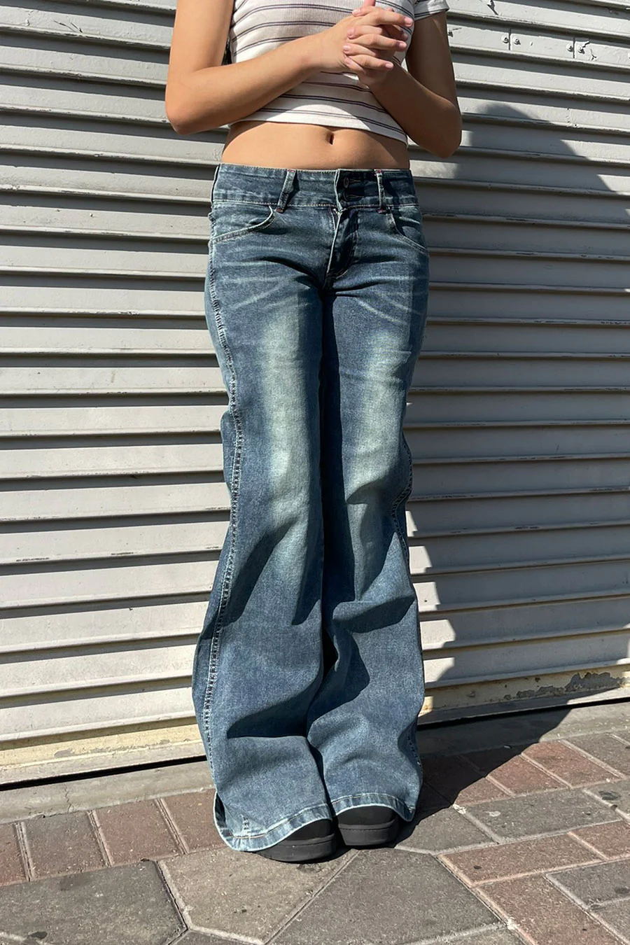 2000s Dual-Button Low Rise Vintage Wash Flare Jean