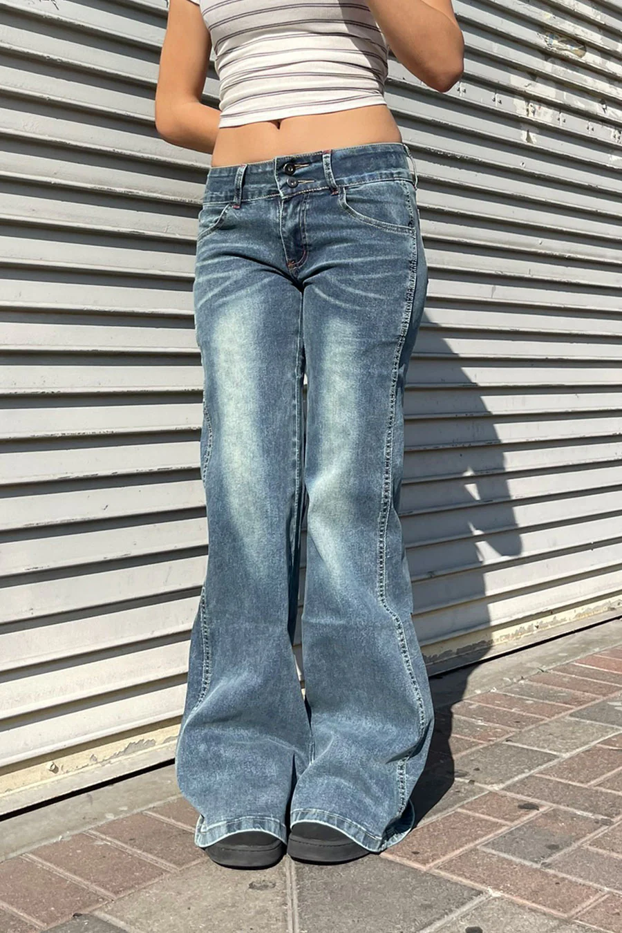 2000s Dual-Button Low Rise Vintage Wash Flare Jean - Image 2