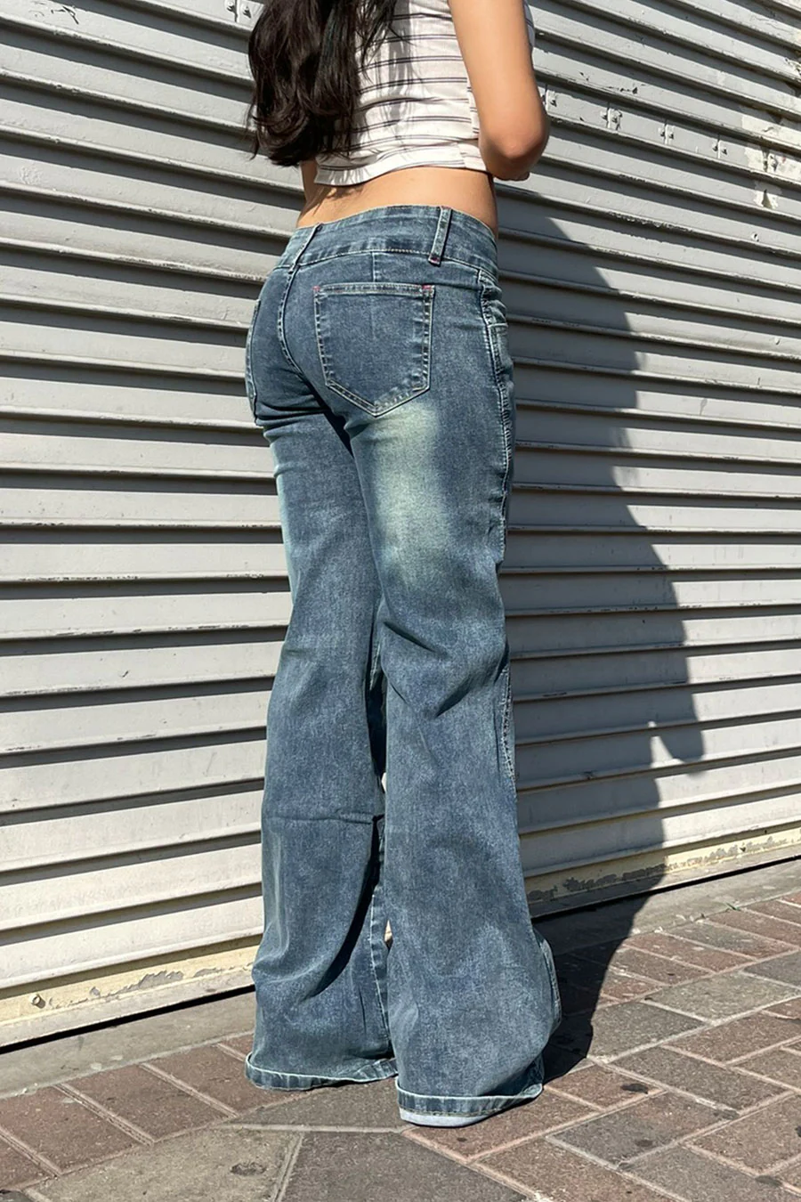 2000s Dual-Button Low Rise Vintage Wash Flare Jean - Image 4