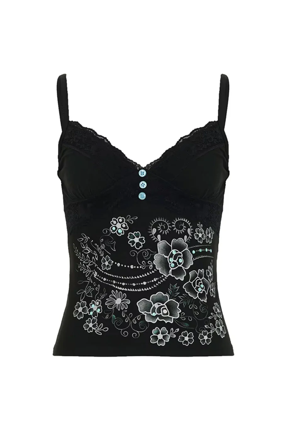 2000s Floral Print Lace-Trimmed Faux Button-Front Cami Tank Top - Image 6