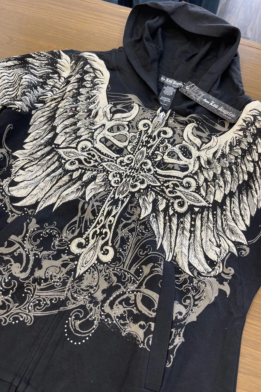2000s Gothic Cross & Wing Rhinestone Print Front Zip-Up Hoodie Jacket - Image 12