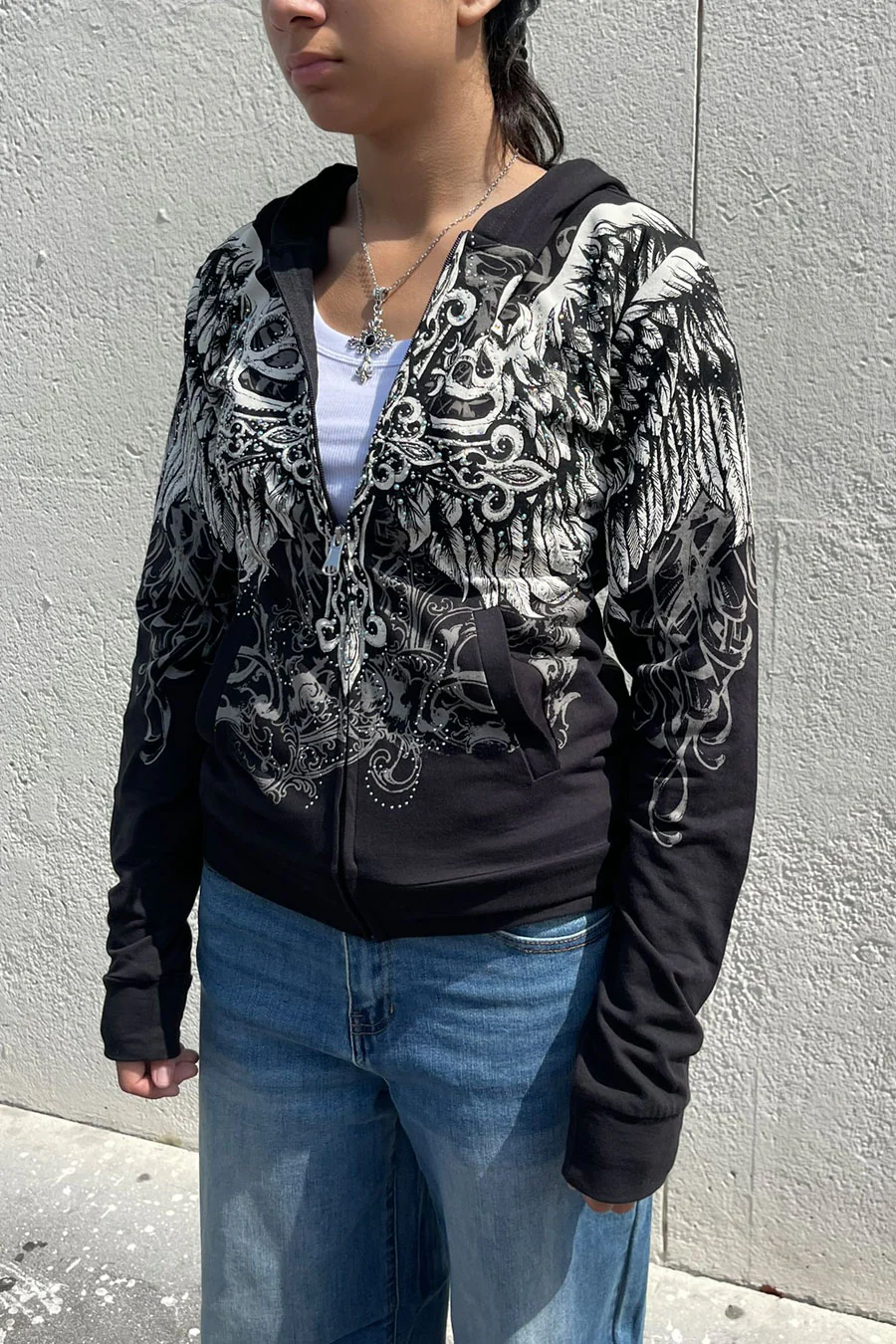2000s Gothic Cross & Wing Rhinestone Print Front Zip-Up Hoodie Jacket - Image 4