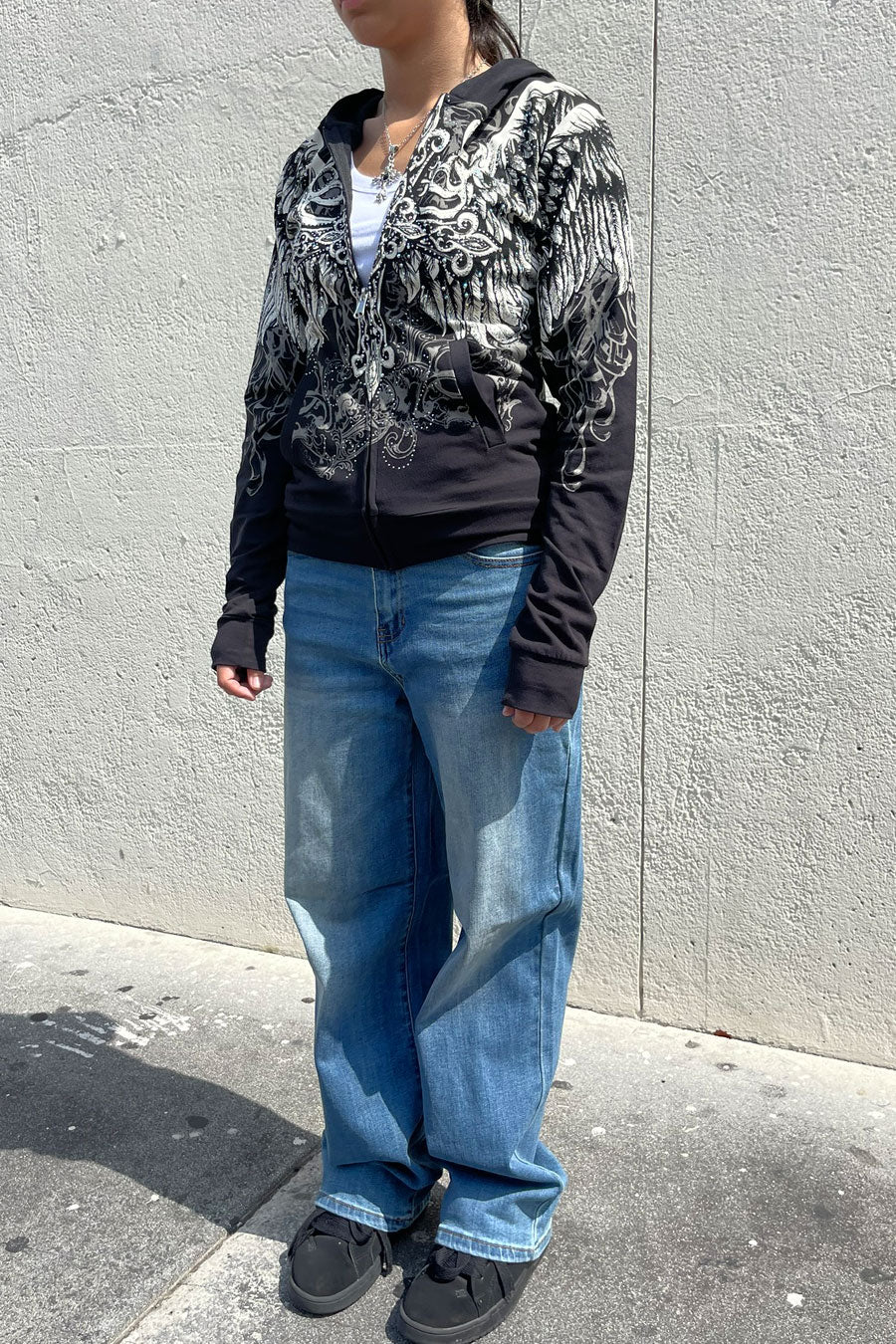 2000s Gothic Cross & Wing Rhinestone Print Front Zip-Up Hoodie Jacket - Image 8