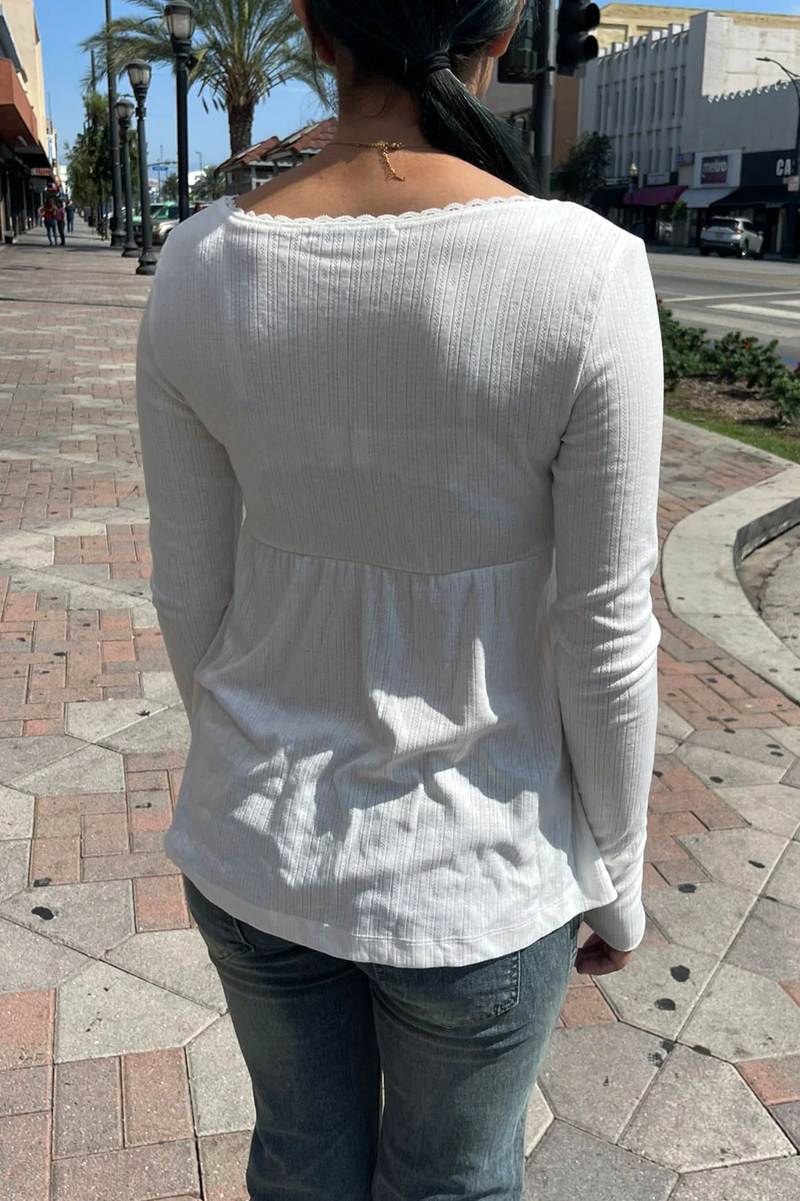 2000s Long Sleeve Surplice Baby Doll Pointelle Top - Image 3