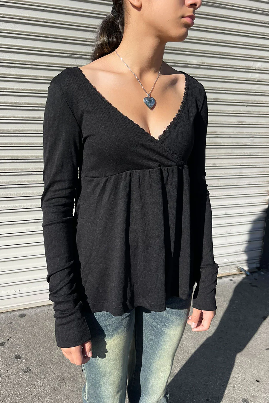 2000s Long Sleeve Surplice Baby Doll Pointelle Top - Image 7