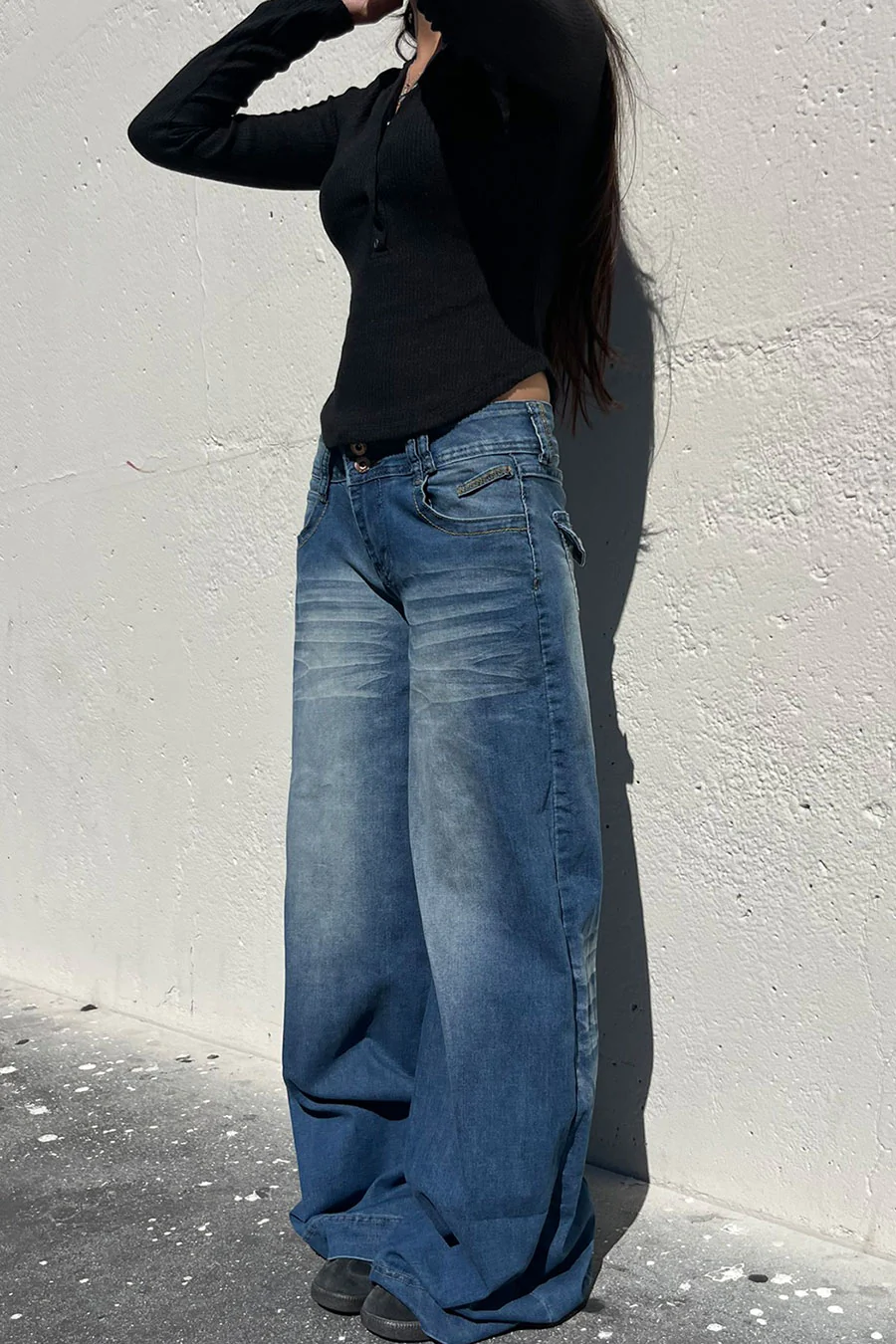 2000s Low-Rise Dual-Button Loose Wide Leg Denim Pants - Image 6