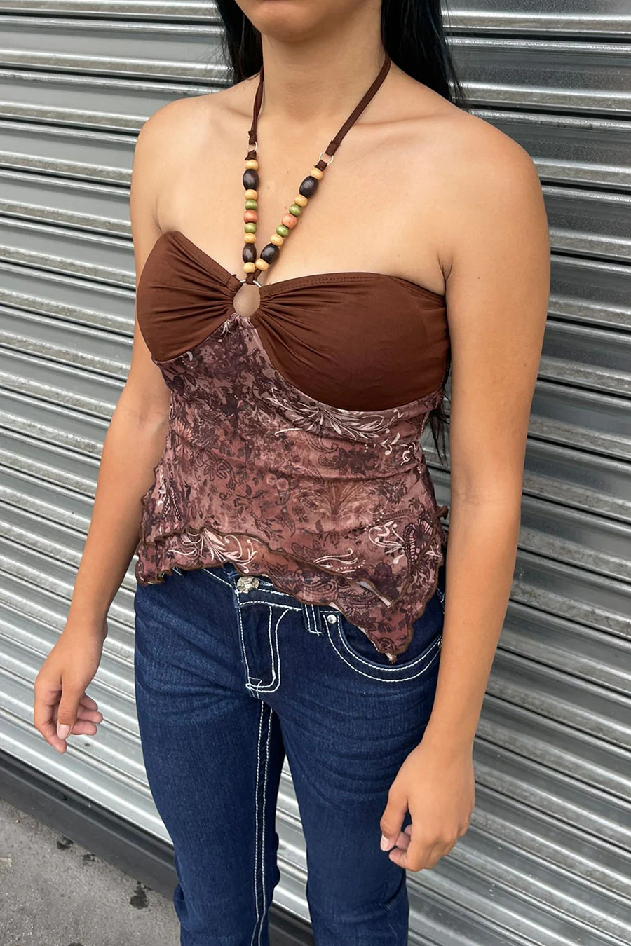 2000s Retro O-Ring Bandeau Halter Top with Beaded Spaghetti Strings - Image 3