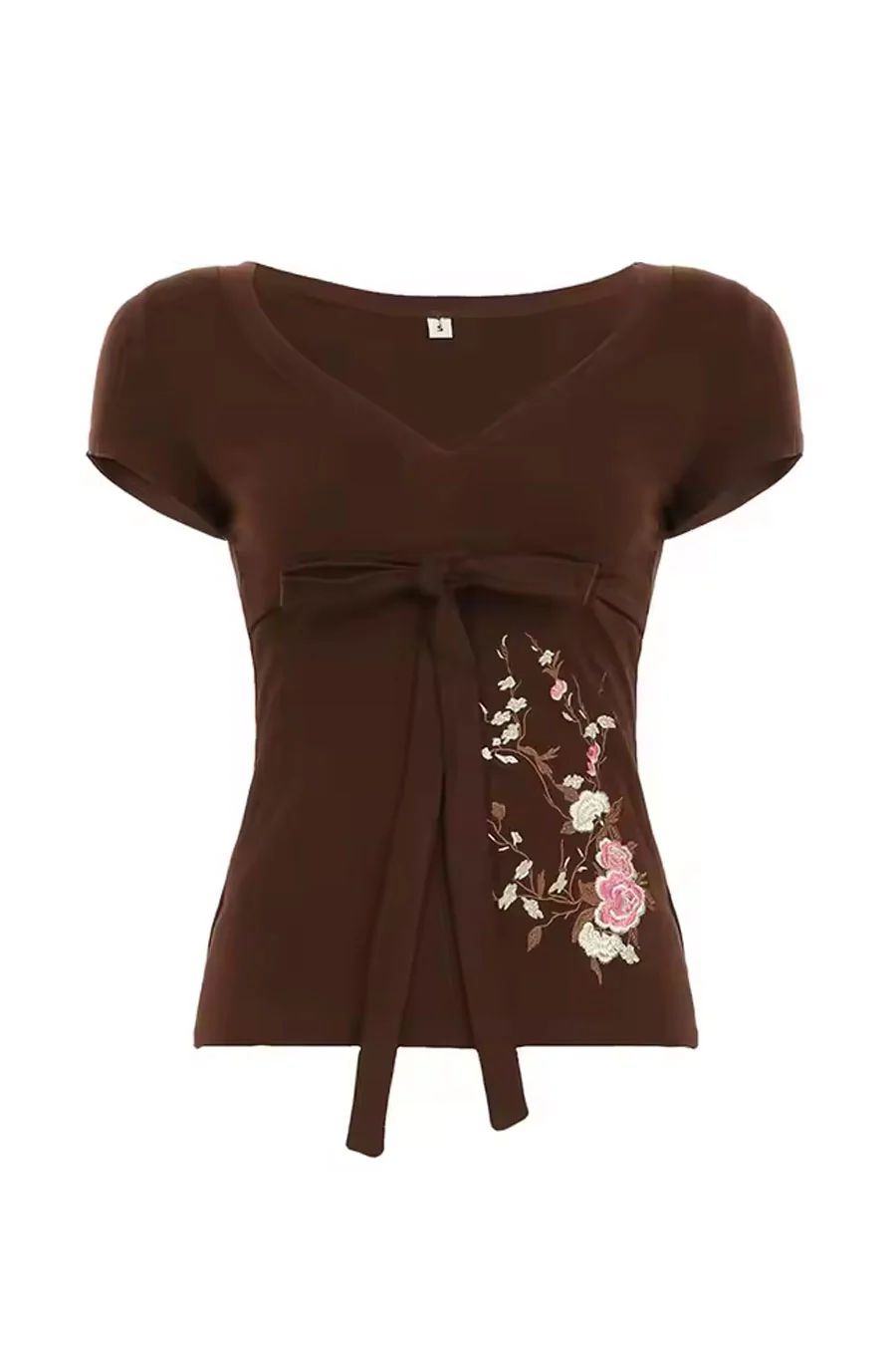 2000s Retro V-Neck Short Sleeve Top with Embroidered Floral Detail and Tie Front - Image 5