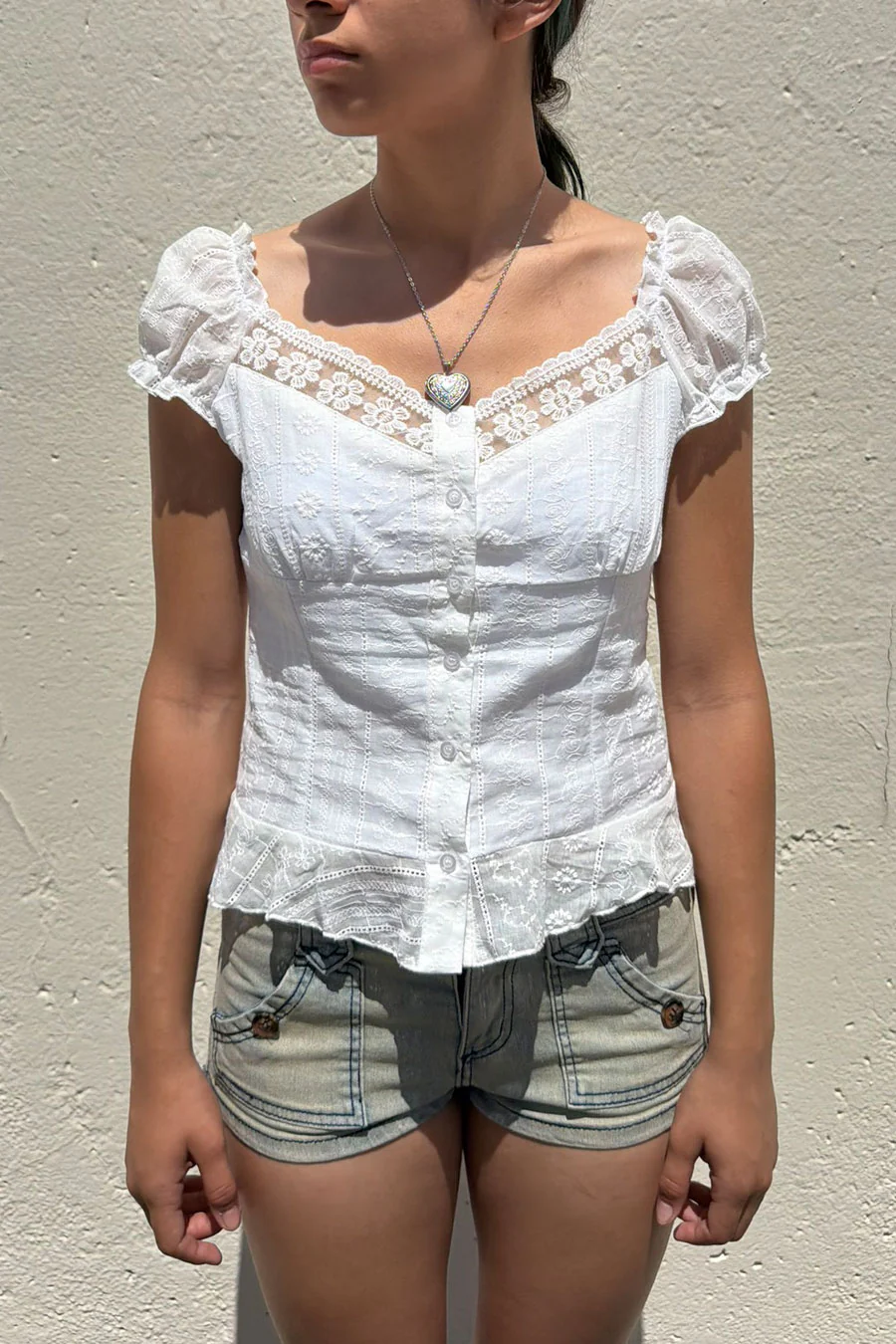 2000s Romantic Chic Lace Trim Puff Short Sleeve Button-Up Eyelet Blouse Shirt