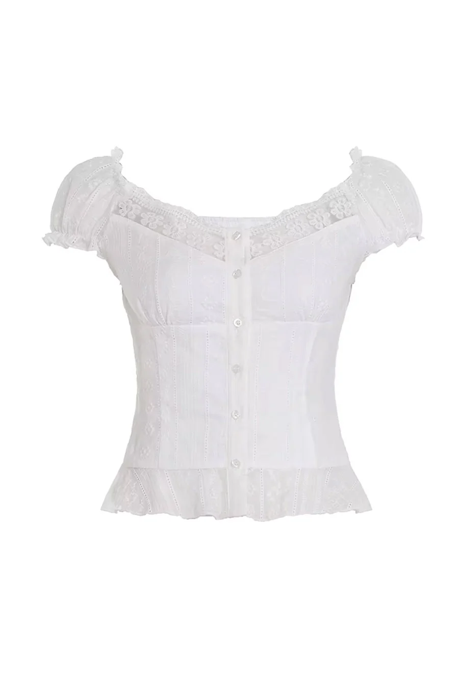 2000s Romantic Chic Lace Trim Puff Short Sleeve Button-Up Eyelet Blouse Shirt - Image 6