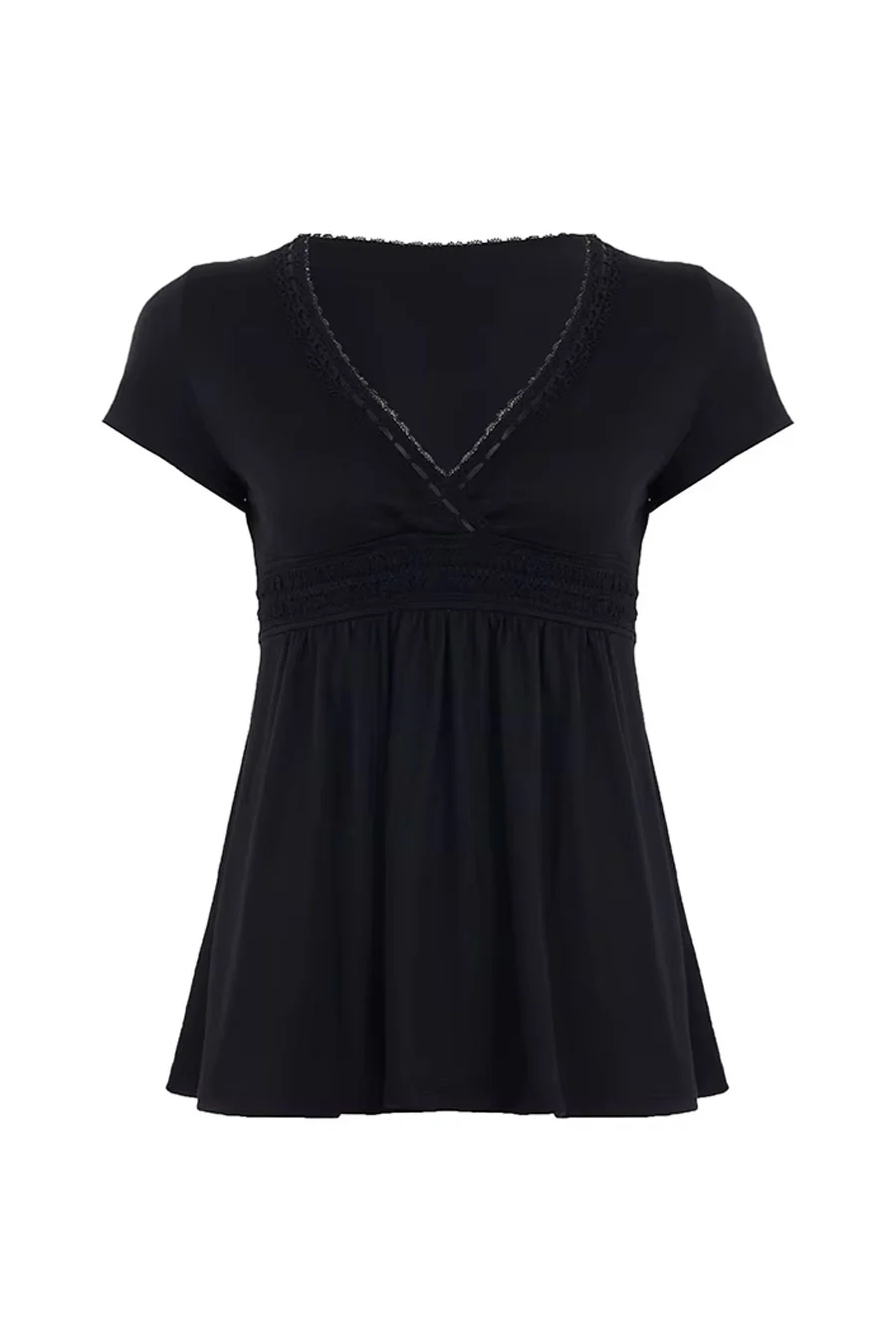 2000s Romantic Gothic Style V-Neck Surplice Baby Doll Short Sleeve Top with Ribbon Stitch Detail - Image 5