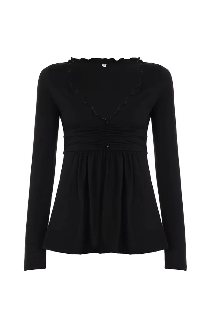 2000s Ruffled V-Neck Long Sleeve Baby Doll Top with Button Detail - Image 4