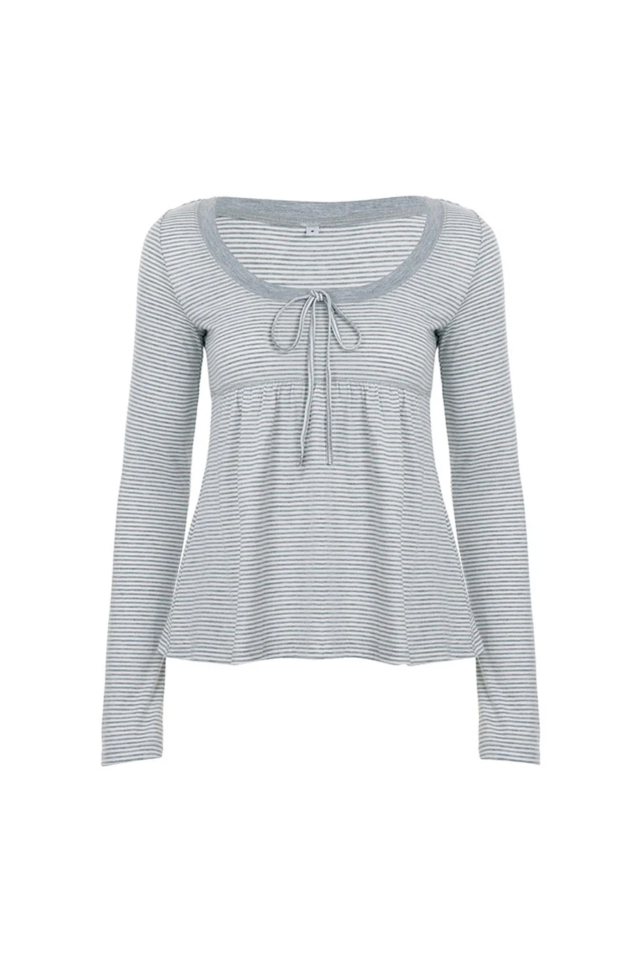2000s Scoop Neck Long Sleeve Striped Baby Doll Top with Front Tie Strings - Image 5