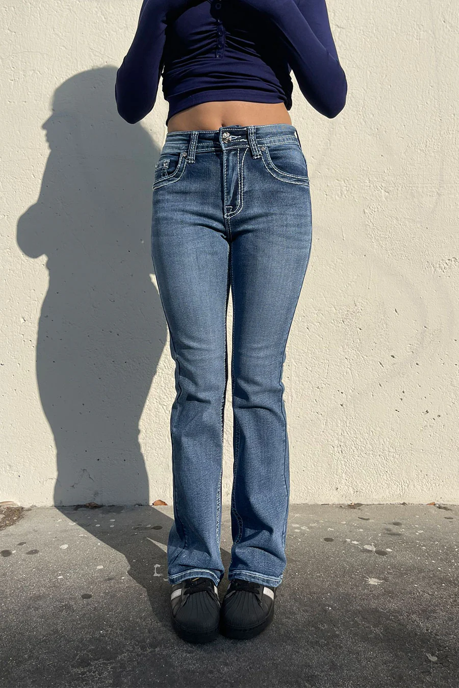 2000s Style Chrome Heart Cross Shape Rhinestone Bling Back Pocket Bootcut Jean with Good Stretch - Image 4