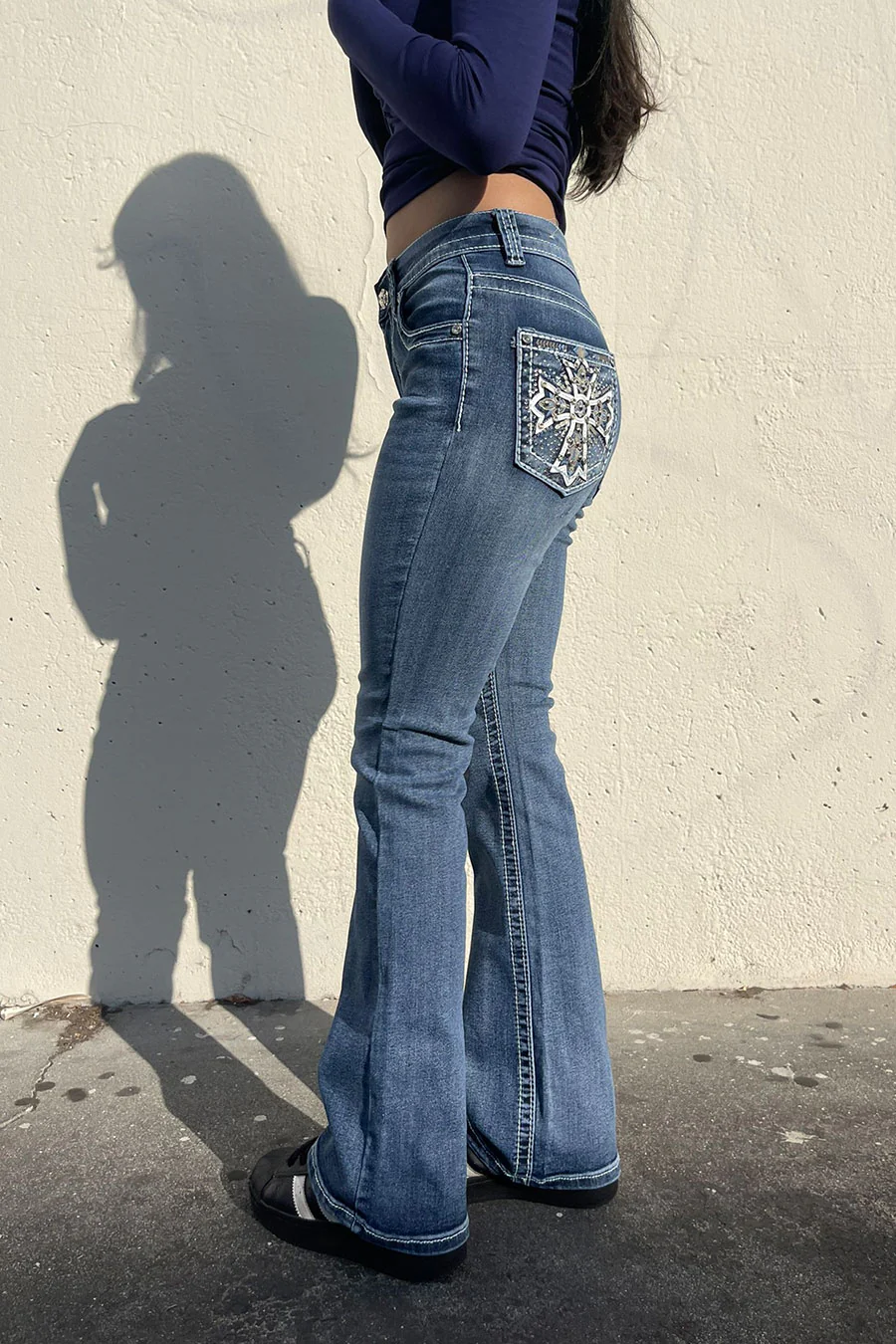 2000s Style Chrome Heart Cross Shape Rhinestone Bling Back Pocket Bootcut Jean with Good Stretch - Image 5
