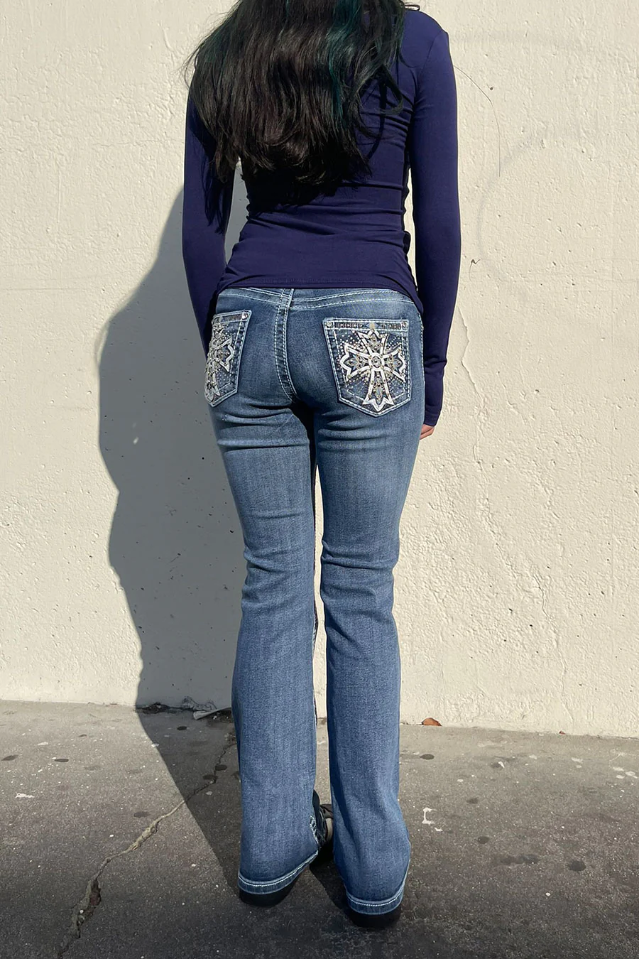 2000s Style Chrome Heart Cross Shape Rhinestone Bling Back Pocket Bootcut Jean with Good Stretch - Image 6