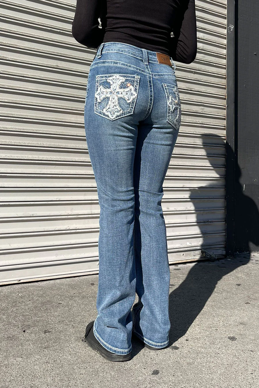 2000s Style Cross Rhinestone & Studded Bling Back Pocket Bootcut Jean with Good Stretch