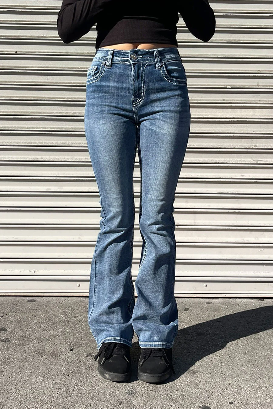 2000s Style Cross Rhinestone & Studded Bling Back Pocket Bootcut Jean with Good Stretch - Image 3