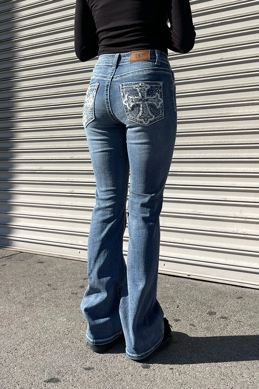 2000s Style Cross Rhinestone & Studded Bling Back Pocket Bootcut Jean with Good Stretch - Image 4