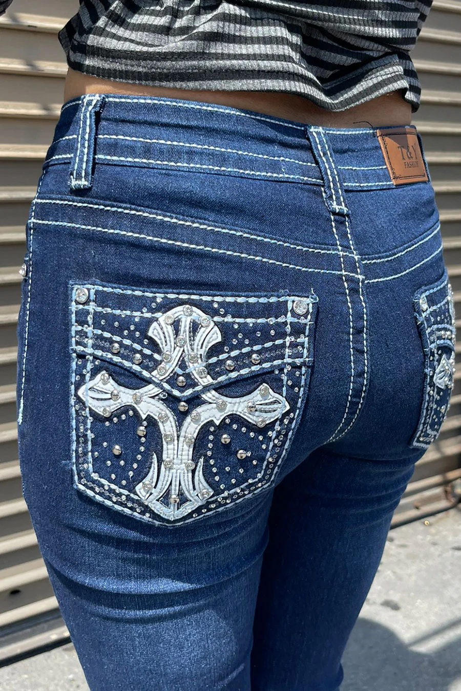 2000s Style Cross Patch Faux Pocket Rhinestone Bling Back Pocket Bootcut Jean with Good Stretch - Image 2