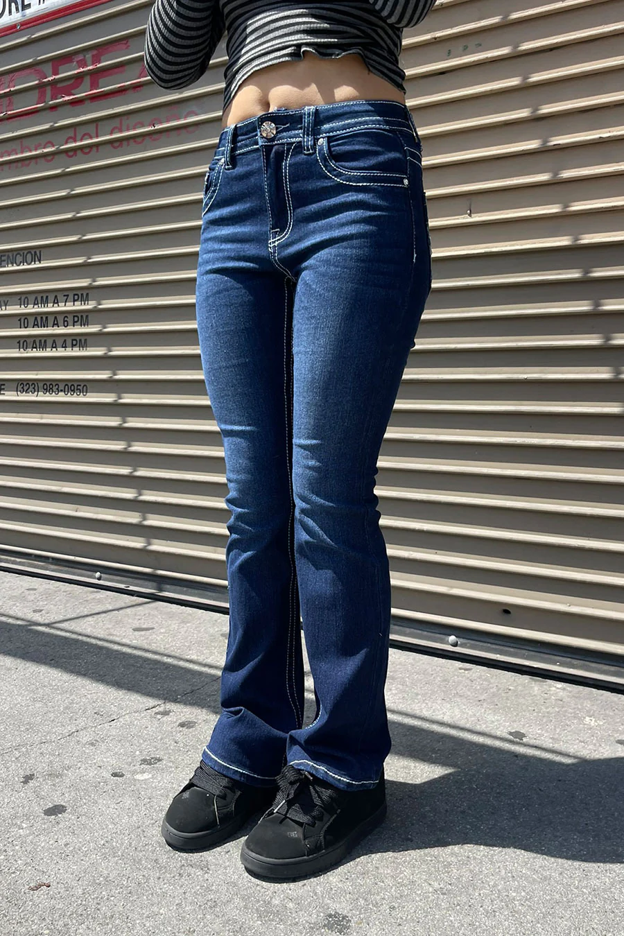 2000s Style Cross Patch Faux Pocket Rhinestone Bling Back Pocket Bootcut Jean with Good Stretch - Image 3