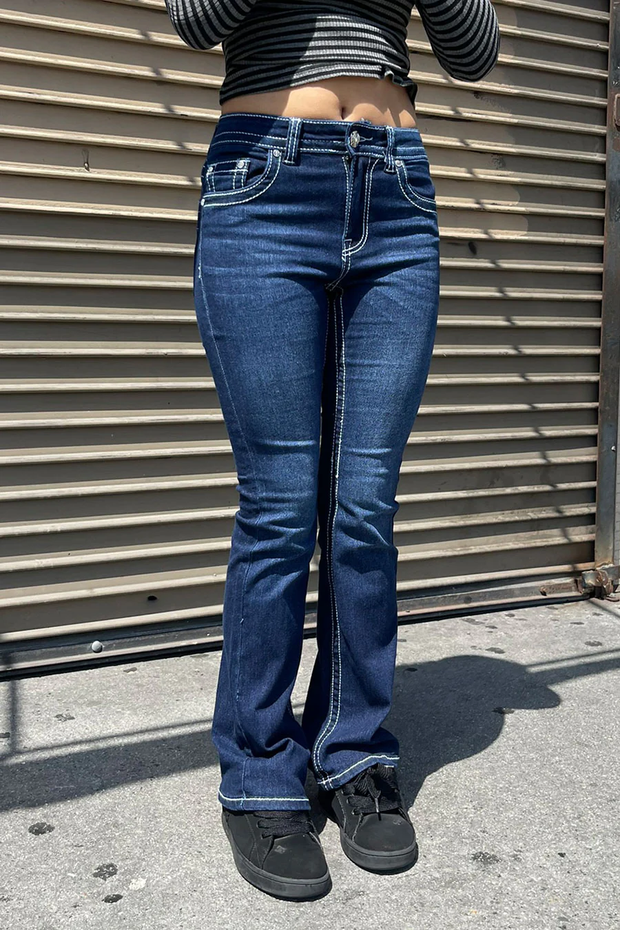 2000s Style Cross Patch Faux Pocket Rhinestone Bling Back Pocket Bootcut Jean with Good Stretch - Image 4