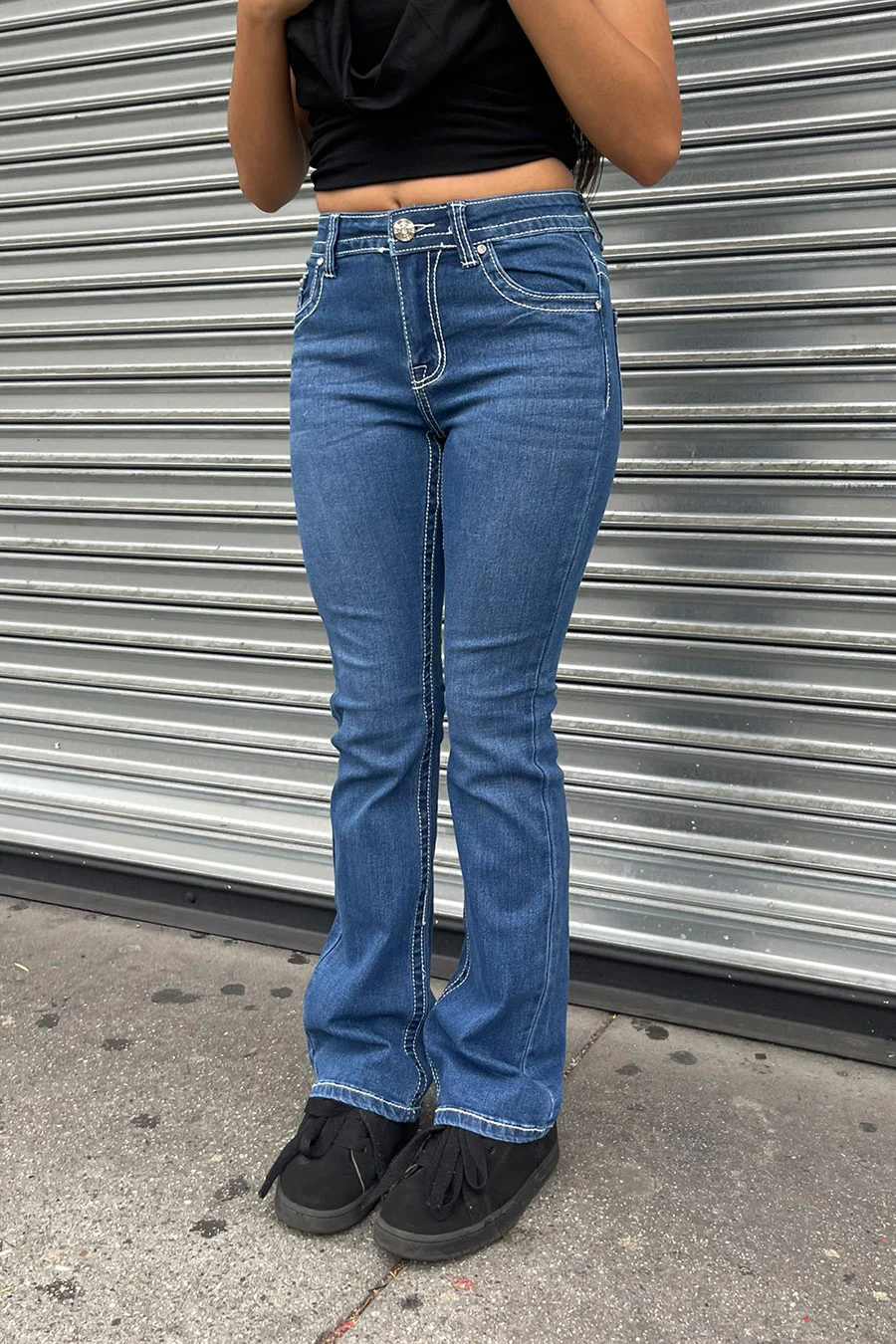 2000s Style Cross Patch Rhinestone Bling Back Pocket Bootcut Jean with Good Stretch - Image 3