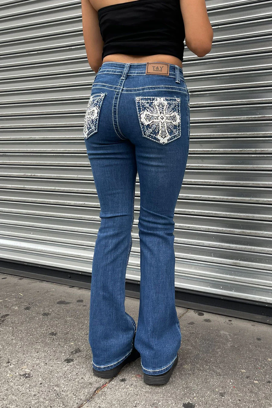 2000s Style Cross Patch Rhinestone Bling Back Pocket Bootcut Jean with Good Stretch - Image 4