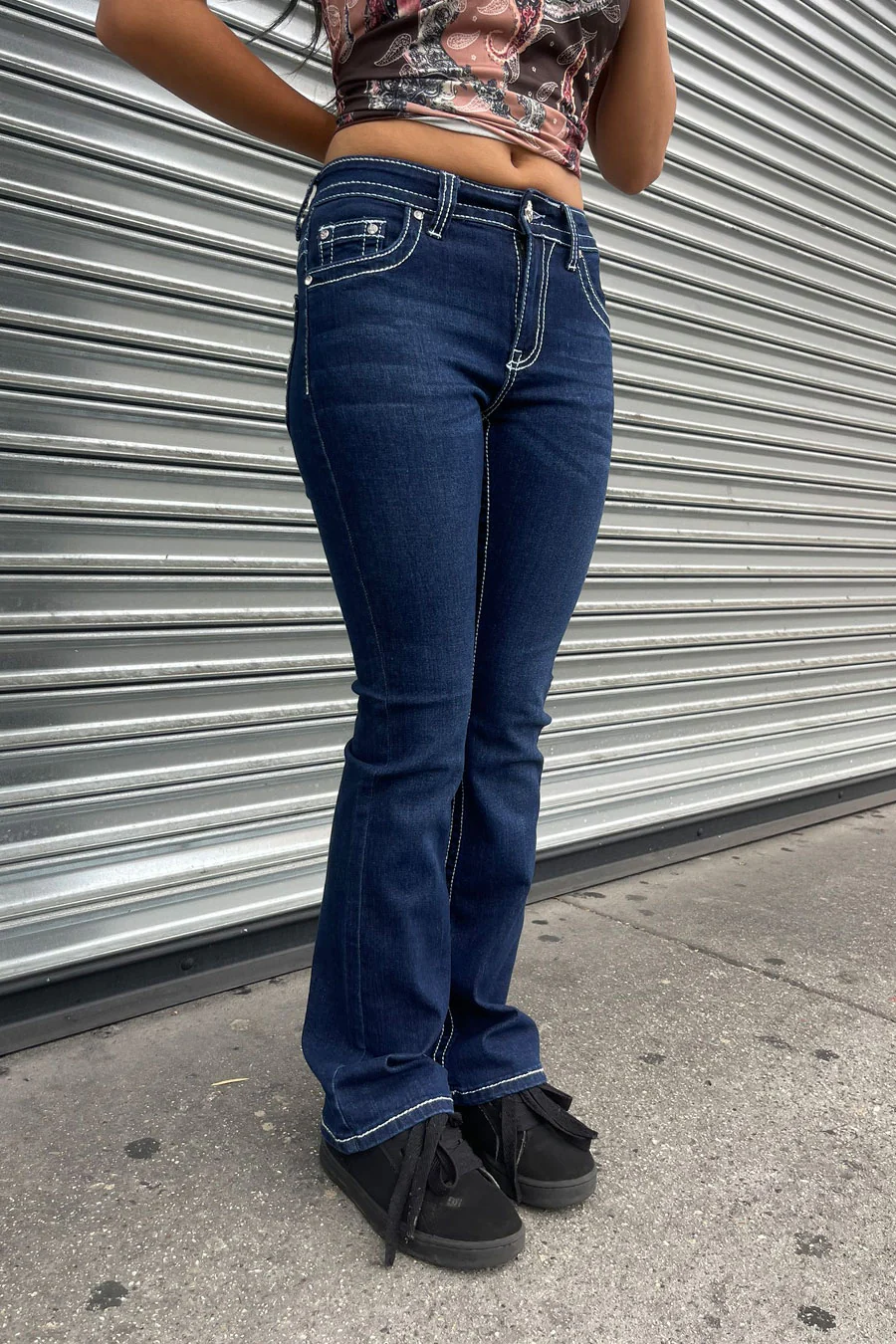 2000s Style Cross Patch Rhinestone Bling Back Pocket Bootcut Jean with Good Stretch - Image 3