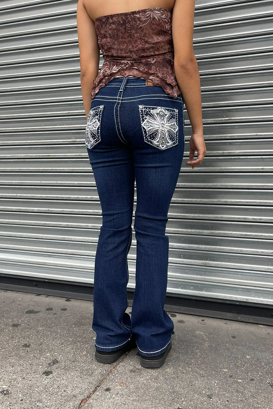 2000s Style Cross Patch Rhinestone Bling Back Pocket Bootcut Jean with Good Stretch - Image 4