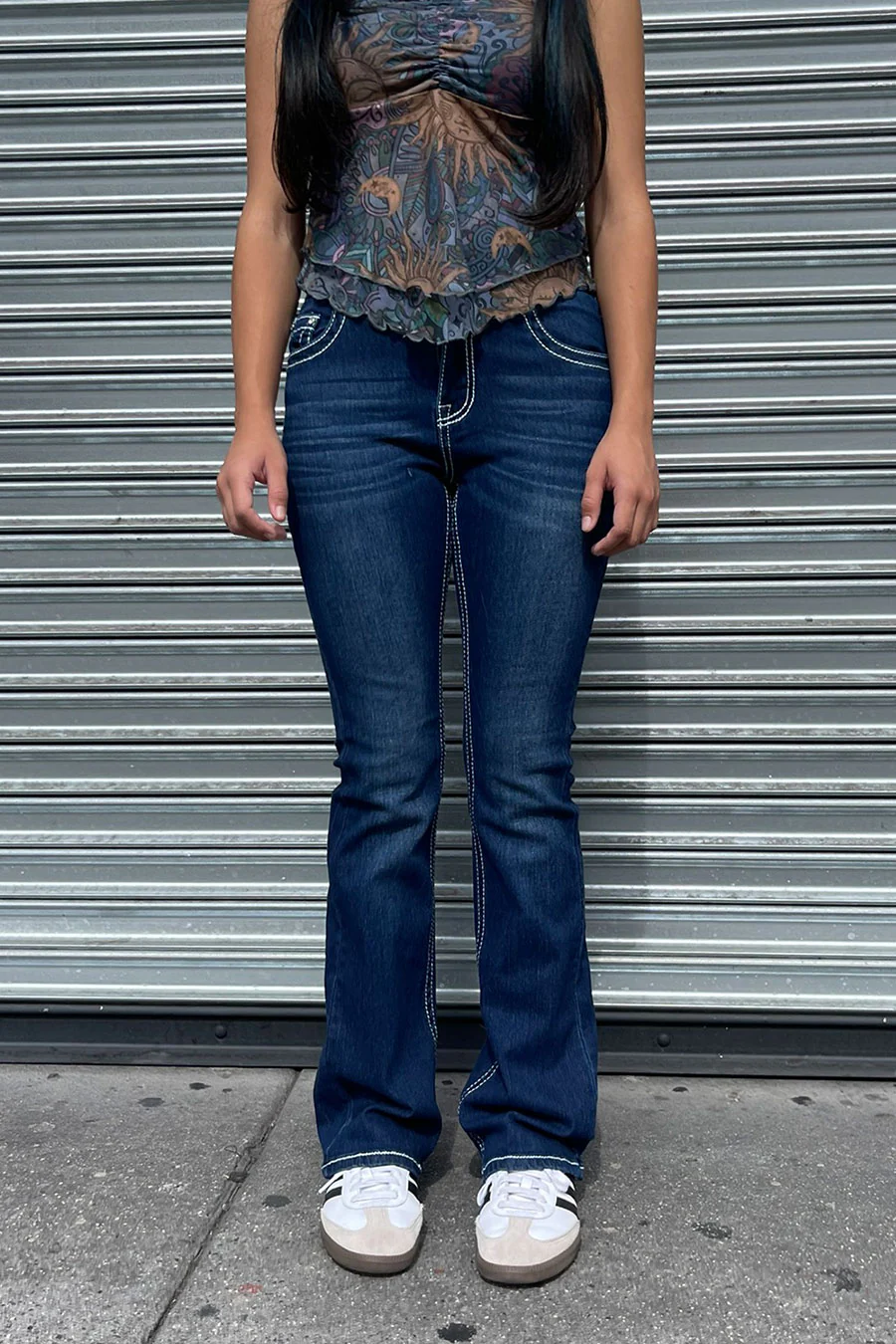 2000s Style Cross Rhinestone & Studded Bling Back Pocket Bootcut Jean with Good Stretch - Image 4