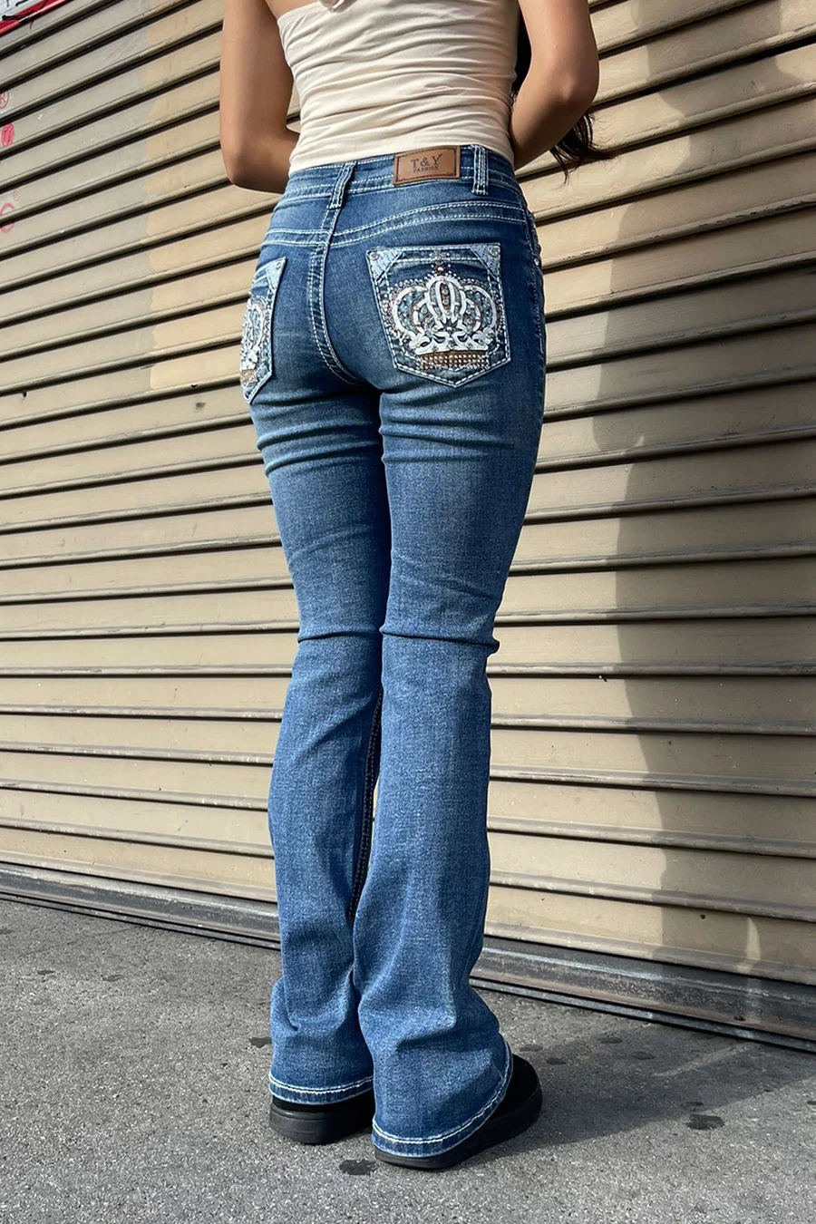 2000s Style Crown Shape Rhinestone Bling Back Pocket Bootcut Jean with Good Stretch - Image 2
