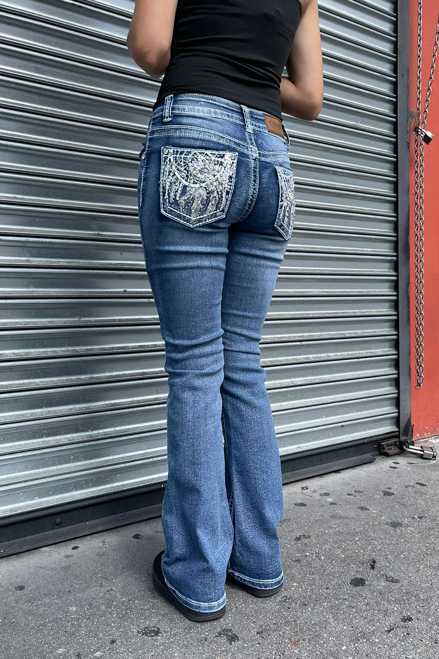 2000s Style Floral Dreamcatcher Embroidered Rhinestone Bling Back Pocket Bootcut Jean with Good Stretch