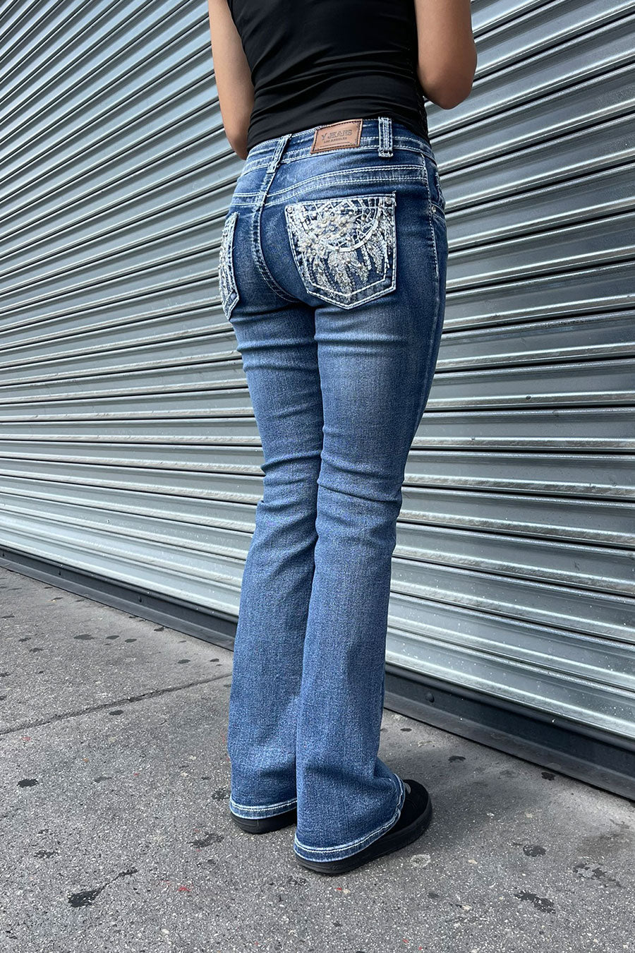 2000s Style Floral Dreamcatcher Embroidered Rhinestone Bling Back Pocket Bootcut Jean with Good Stretch - Image 4