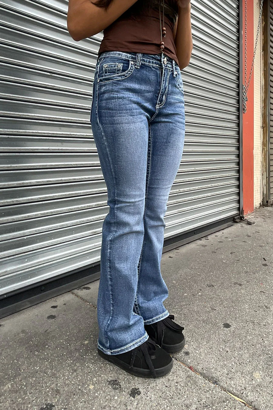 2000s Style Sand-Washed Faux Pocket & Cross Rhinestone Bling Back Pocket Bootcut Jean with Good Stretch - Image 3