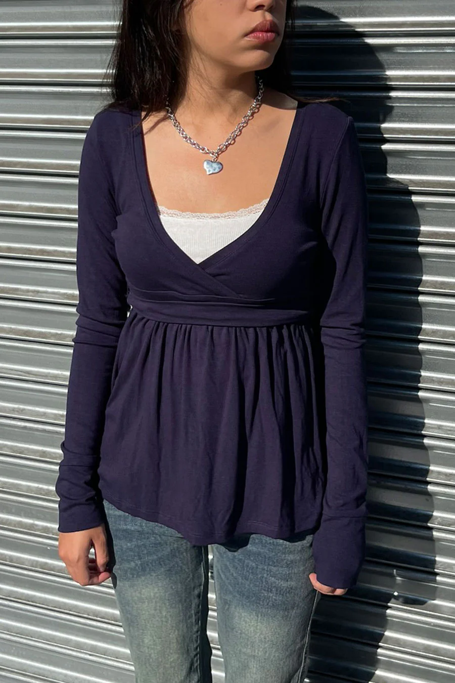2000s Surplice Baby Doll Long Sleeve Top with Waist Self Tie