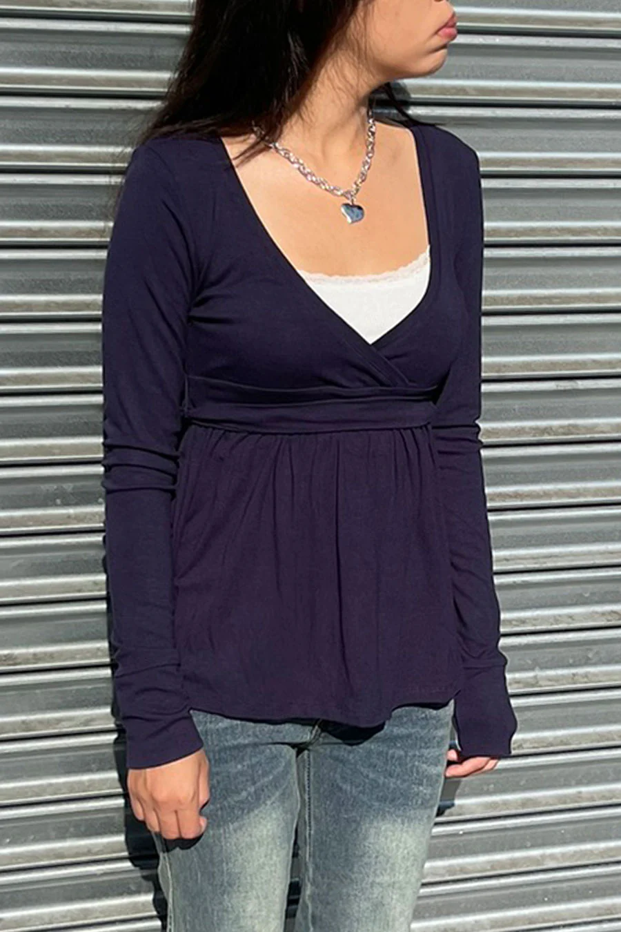 2000s Surplice Baby Doll Long Sleeve Top with Waist Self Tie - Image 3
