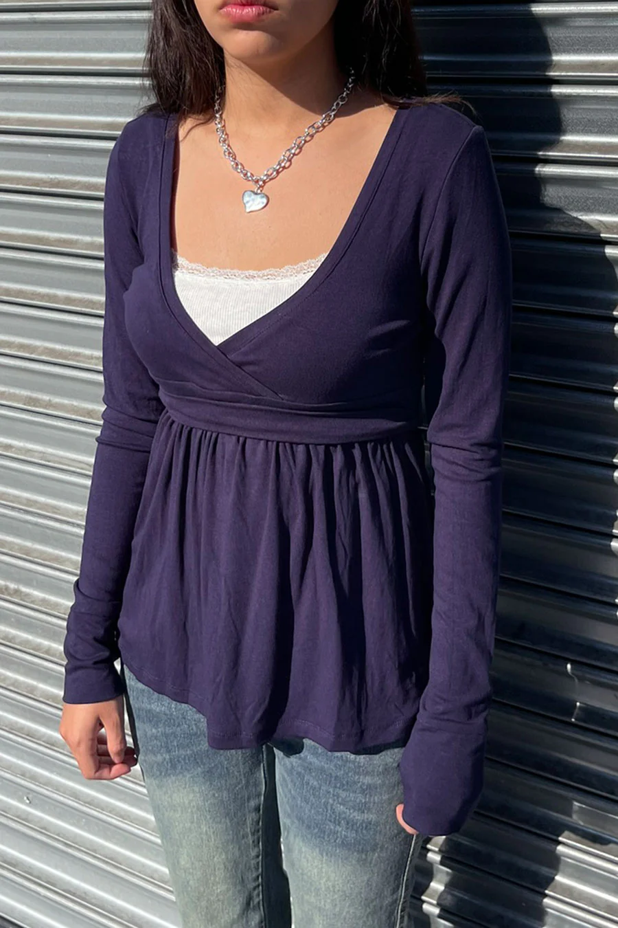 2000s Surplice Baby Doll Long Sleeve Top with Waist Self Tie - Image 4